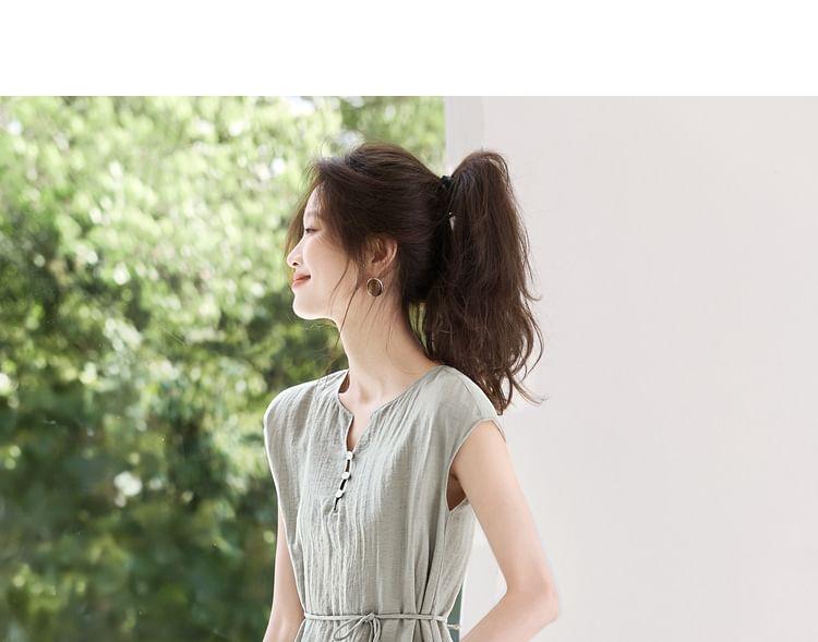 Short-Sleeve Notch Neck Plain Midi A-Line Dress Product Image