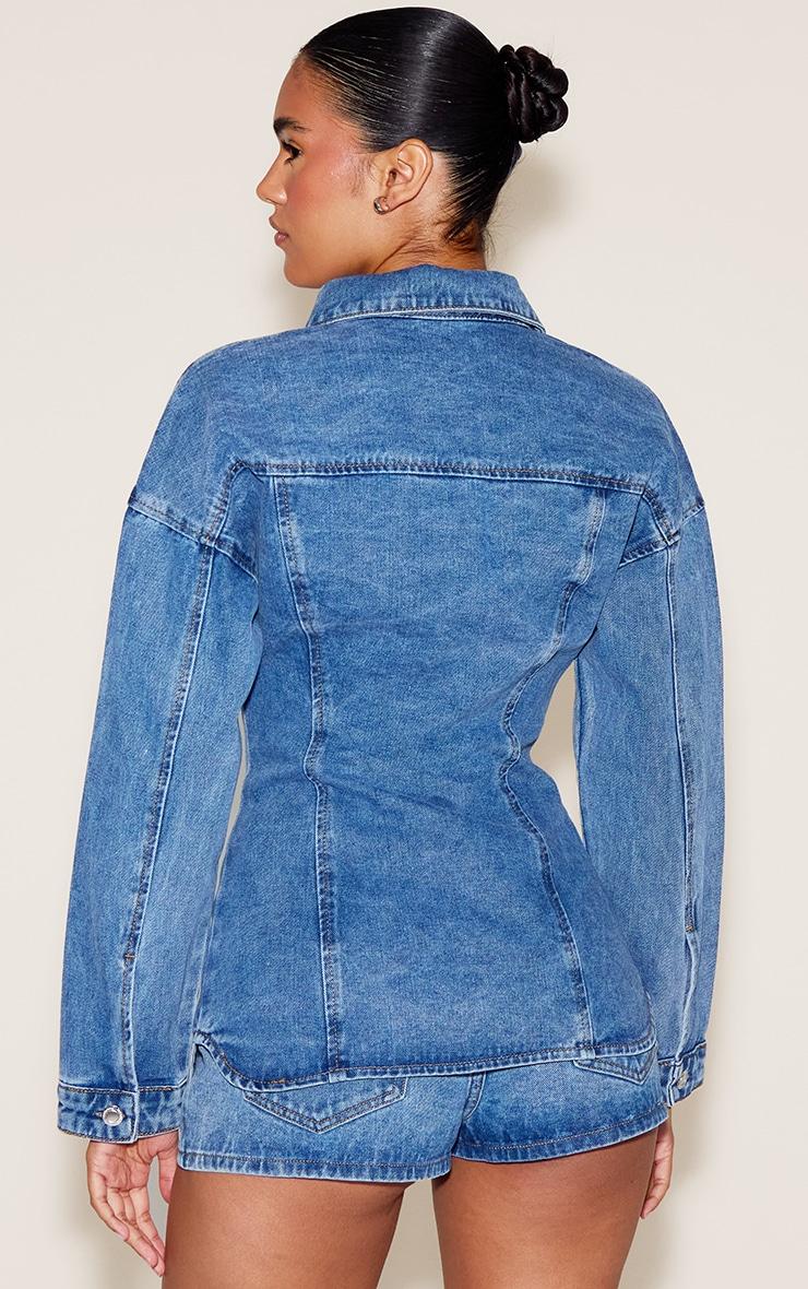  Mid Blue Wash Seam Detail Cinch Waist Longline Shirt Product Image