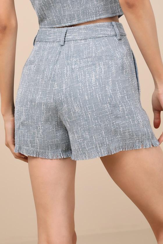 Alfonsa Light Blue Tweed Frayed High-Rise Shorts Product Image