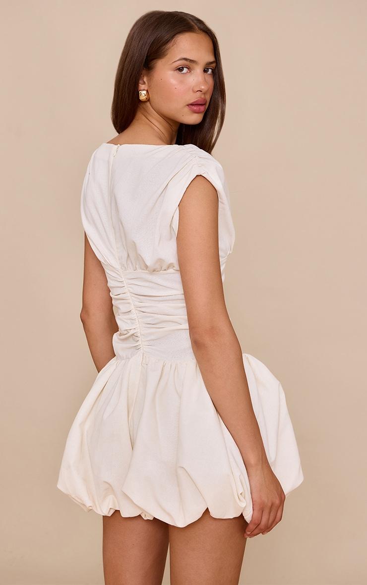 Cream Boat Neck Ruched Detail Puffball Dress Product Image