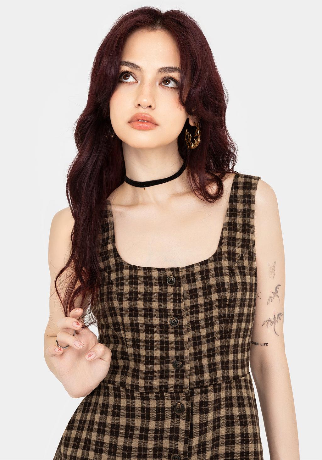 Terra Cotton Check Sleeveless Button Up Mini Dress - Brown Product Image