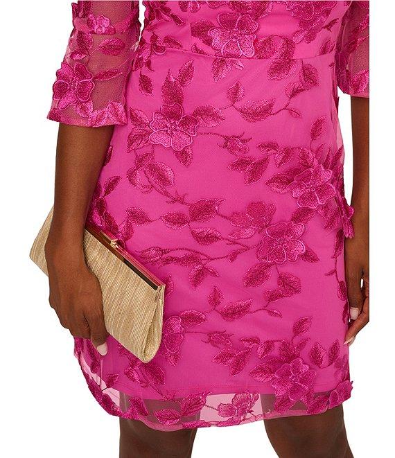 Adrianna Papell Knit Off-The-Shoulder Bell Sleeve Embroidered 3D Floral Sheath Dress Product Image
