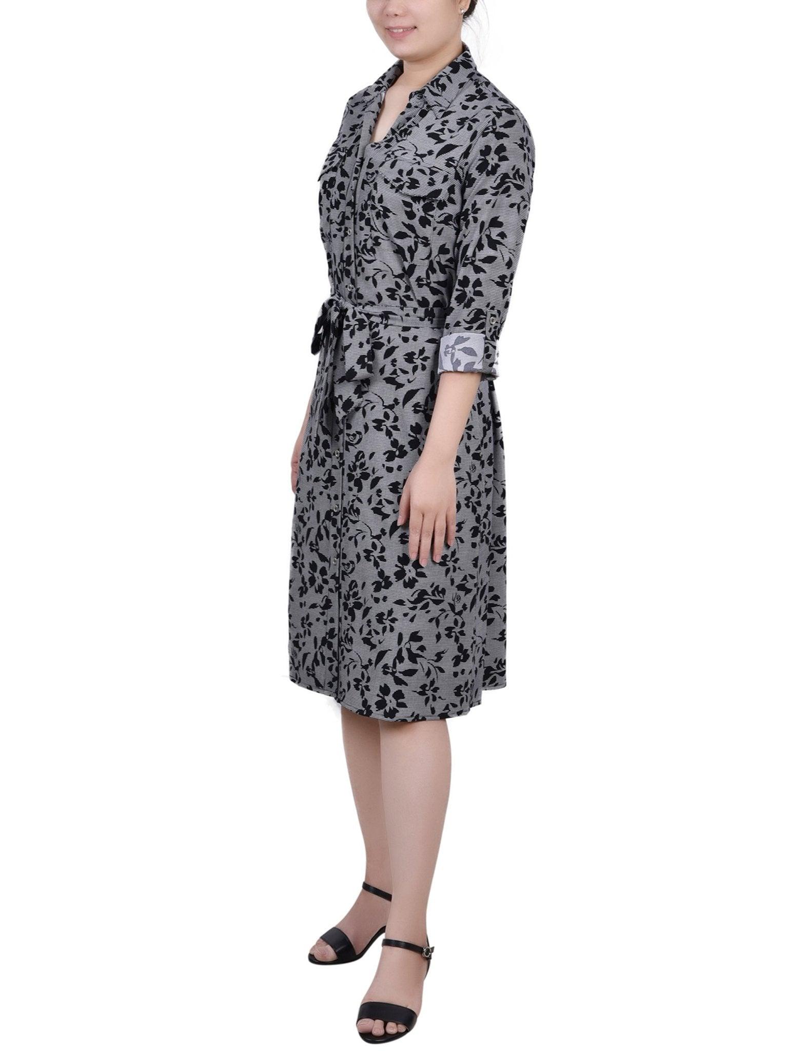 Cypress Inca Gold Navy Zigzag 3/4 Roll Tab Sleeve Belted Shirtdress - Petite Product Image