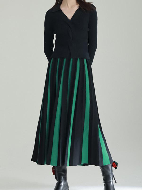 A-Line Loose Contrast Color Pleated Skirts Bottoms Product Image