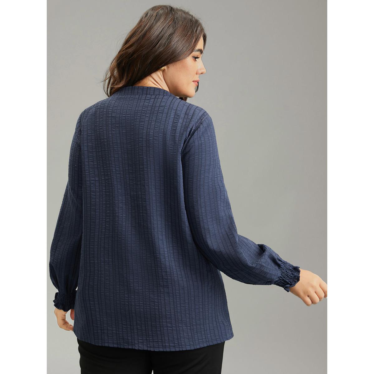 Plus Size Indigo Plisse Gathered Shirred Cuffs Button Through Blouse Women Office Long Sleeve Notched collar Office Blouses BloomChic 18-20/2X Product Image
