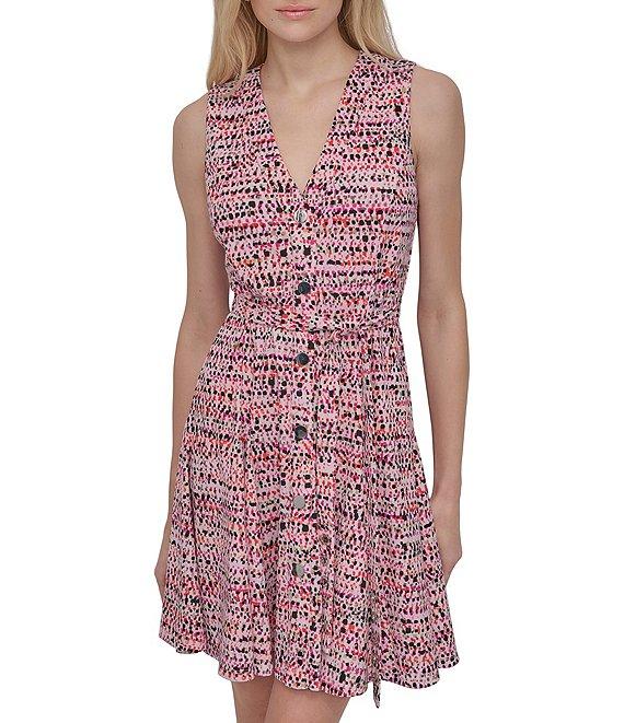 DKNY by Donna Karan Jersey V-Neck Sleeveless Button Front Fit And Flare Dress Product Image