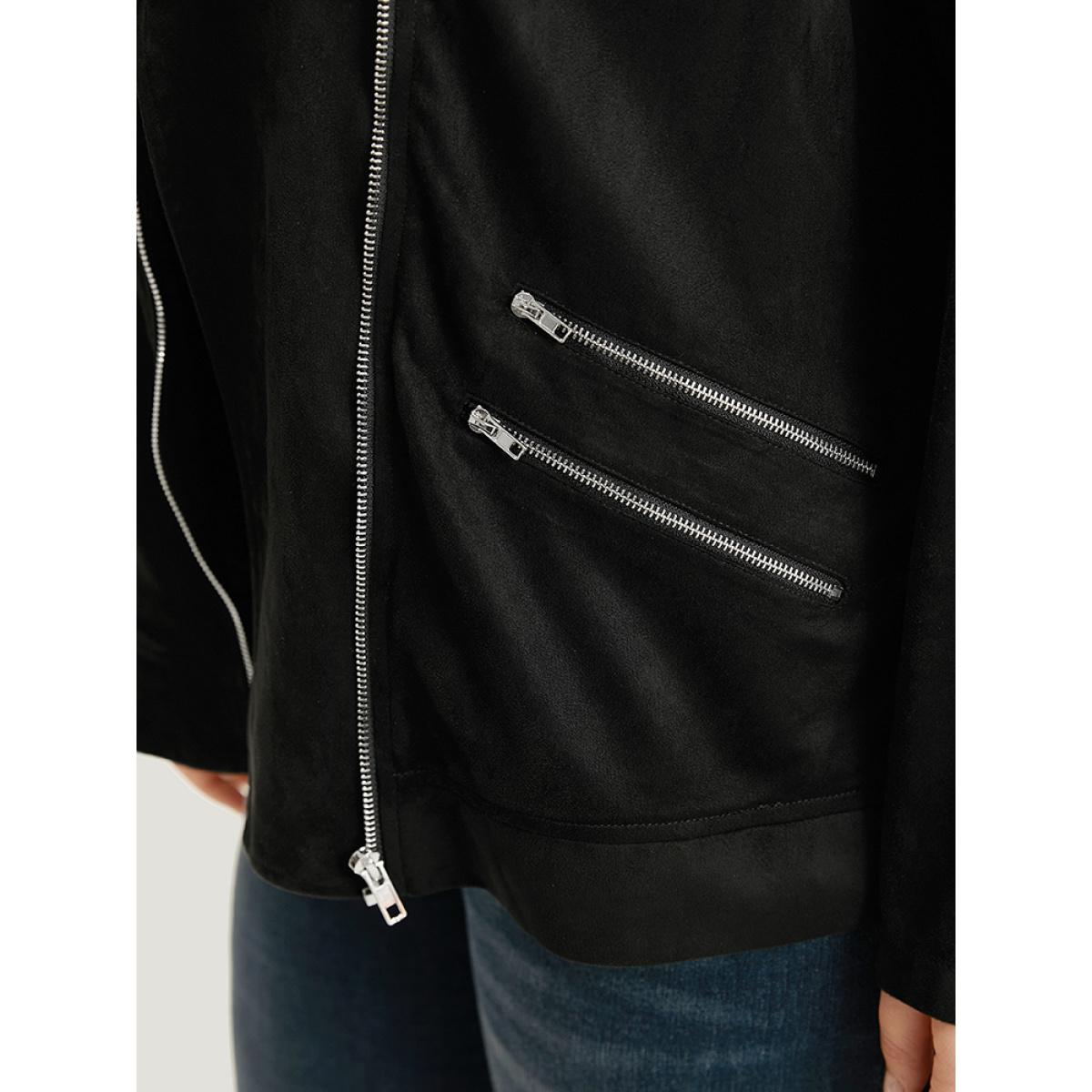 Plus Size Solid Lapel Collar Zipper Metal Detail Jacket Women Black Plain Dailywear Jackets BloomChic 22-24/3X Product Image