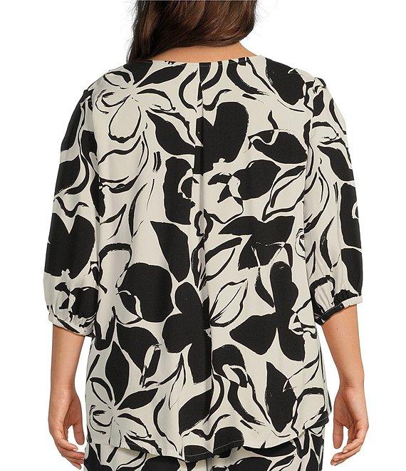 Bryn Walker Plus Size Woven Lucinda Floral Petal Print Round Neck 3/4 Sleeve Hi-Low Hem Shirt Product Image