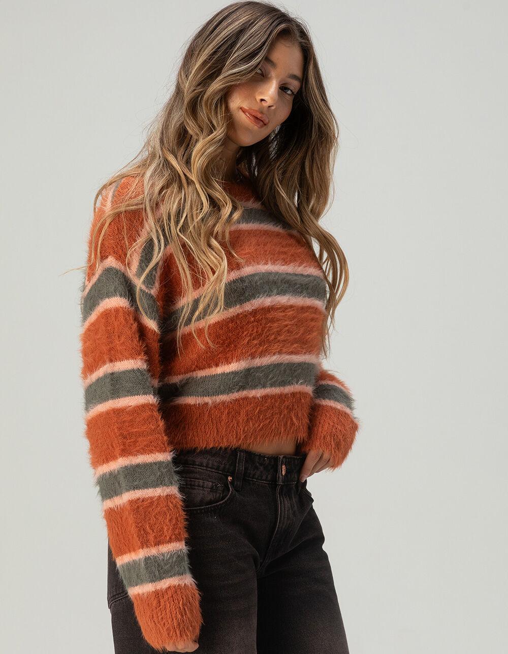 FULL TILT Fuzzy Striped Womens Sweater - RUST Product Image