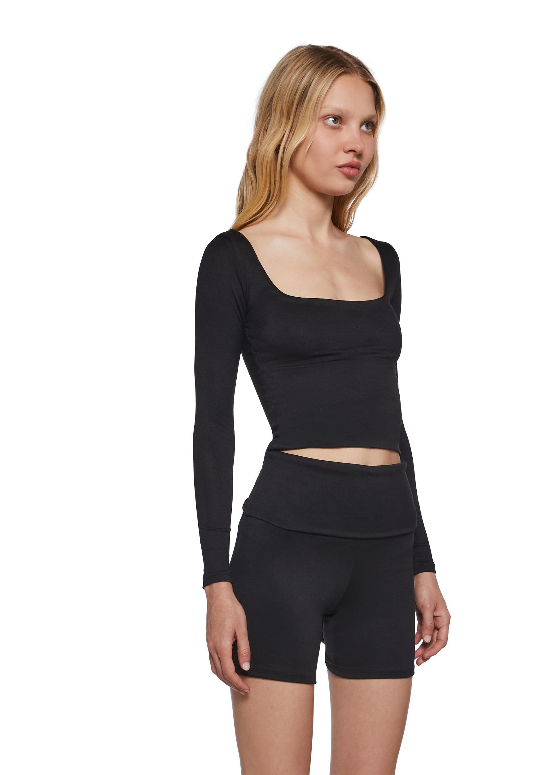Womens Workout Lounge Basics Long Sleeve Top And Shorts Set - Black Product Image