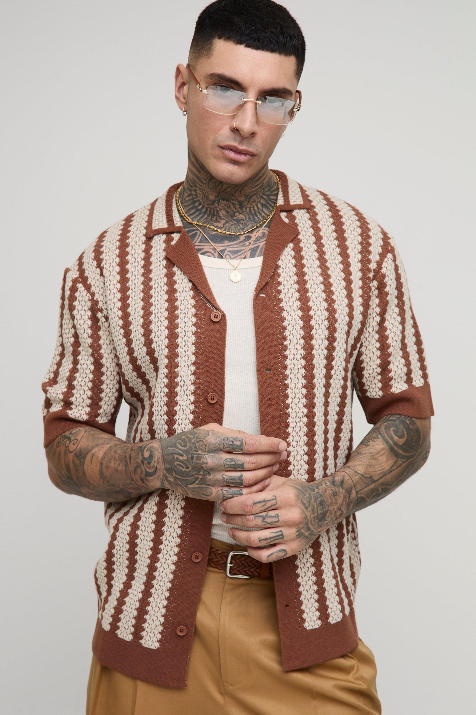 Tall Oversized Stripe Crochet Polo Shirt | boohooMAN USA Product Image