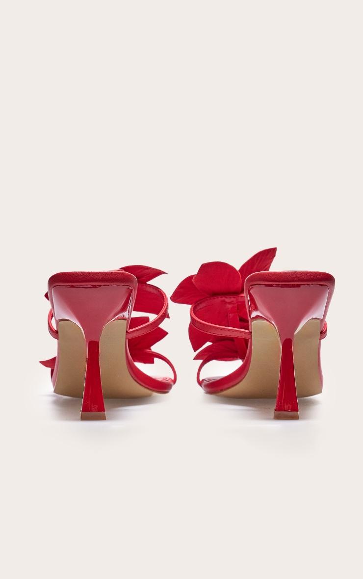 Red Pu Square Toe Multi Flower Detail Mid Stiletto Heeled Mules Product Image