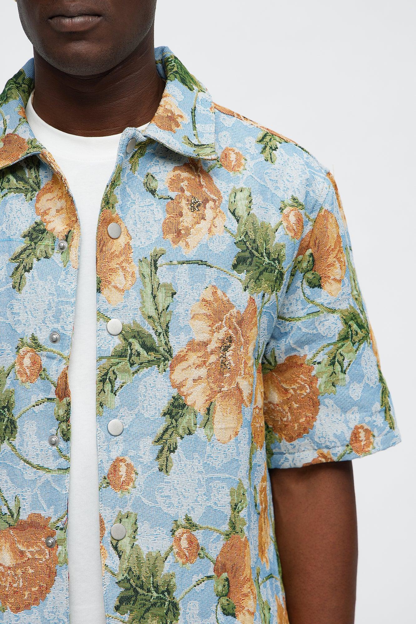 Rose Buds Tapestry Closed Collar Button Up Shirt - Blue/combo Product Image