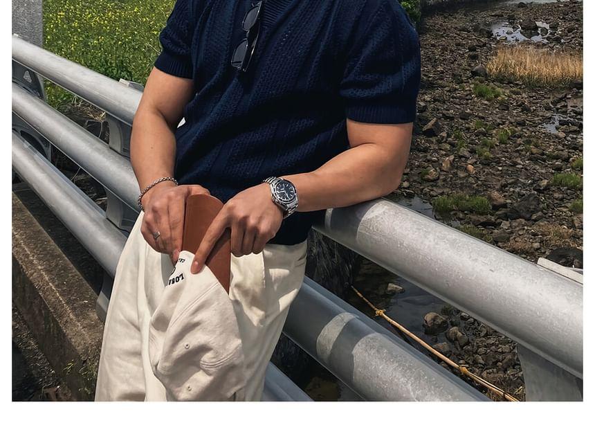 Short-Sleeve Collared Plain Perforated Knit Top Product Image