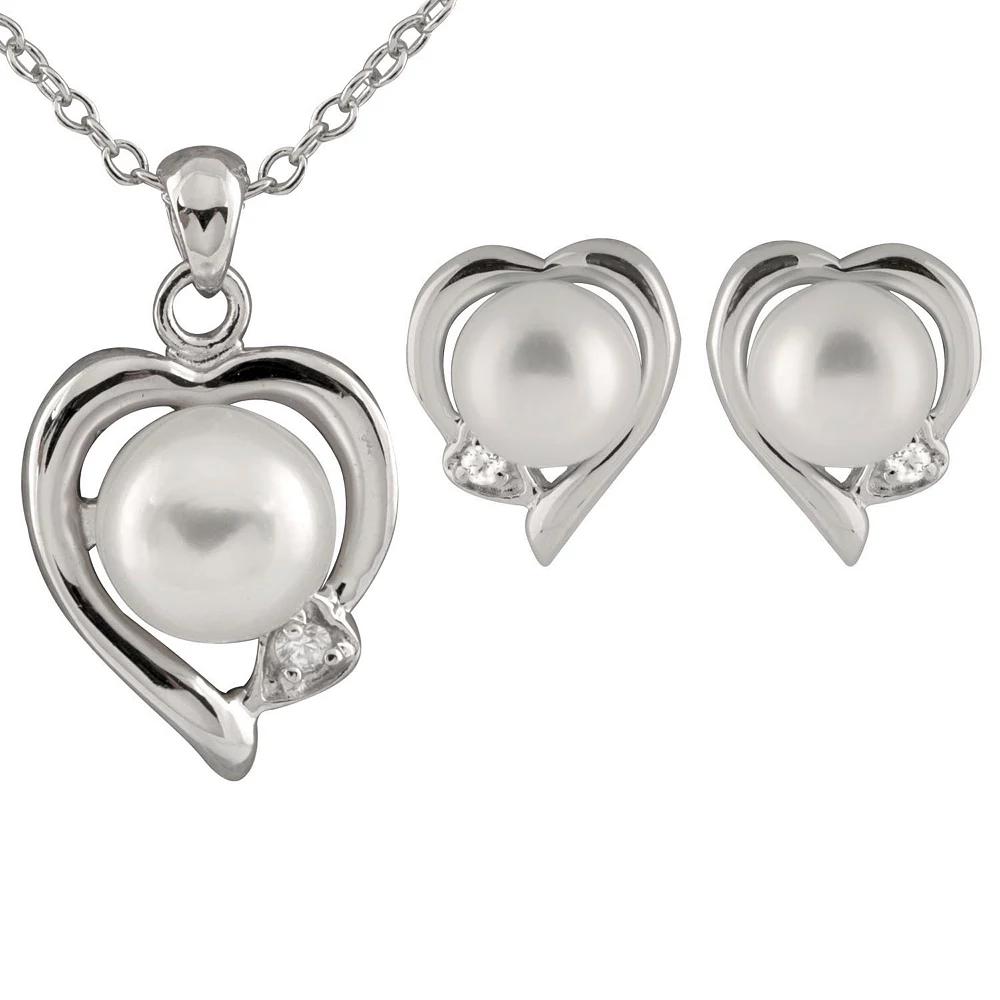 Sterling Silver Freshwater Cultured Pearl Heart Pendant & Earring Set, Women's, Size: 17" Product Image