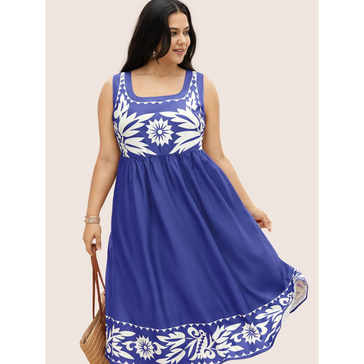 Plus Size Boho Print Square Neck Elastic Waist Tank Dress Skyblue Women Resort Gathered Round Neck Sleeveless Curvy Midi Dress BloomChic 22-24/3X Product Image