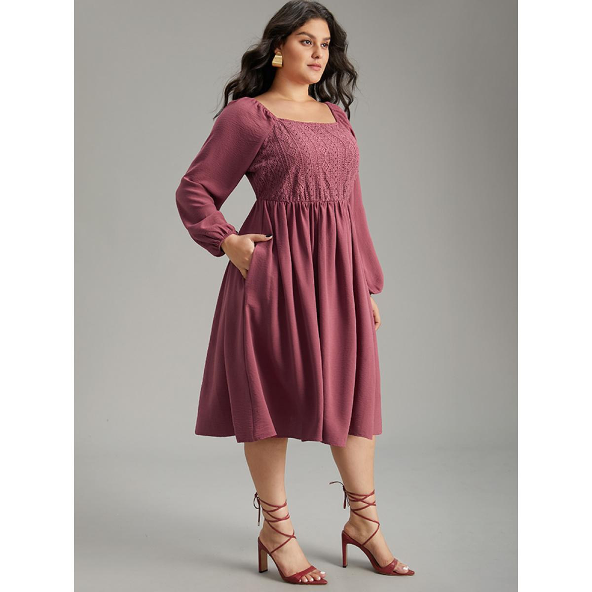 Plus Size Crochet Lace Square Neck Elastic Cuffs Dress DustyPink Women Elegant Elastic cuffs Square Neck Long Sleeve Curvy Midi Dress BloomChic 14-16/1X Product Image