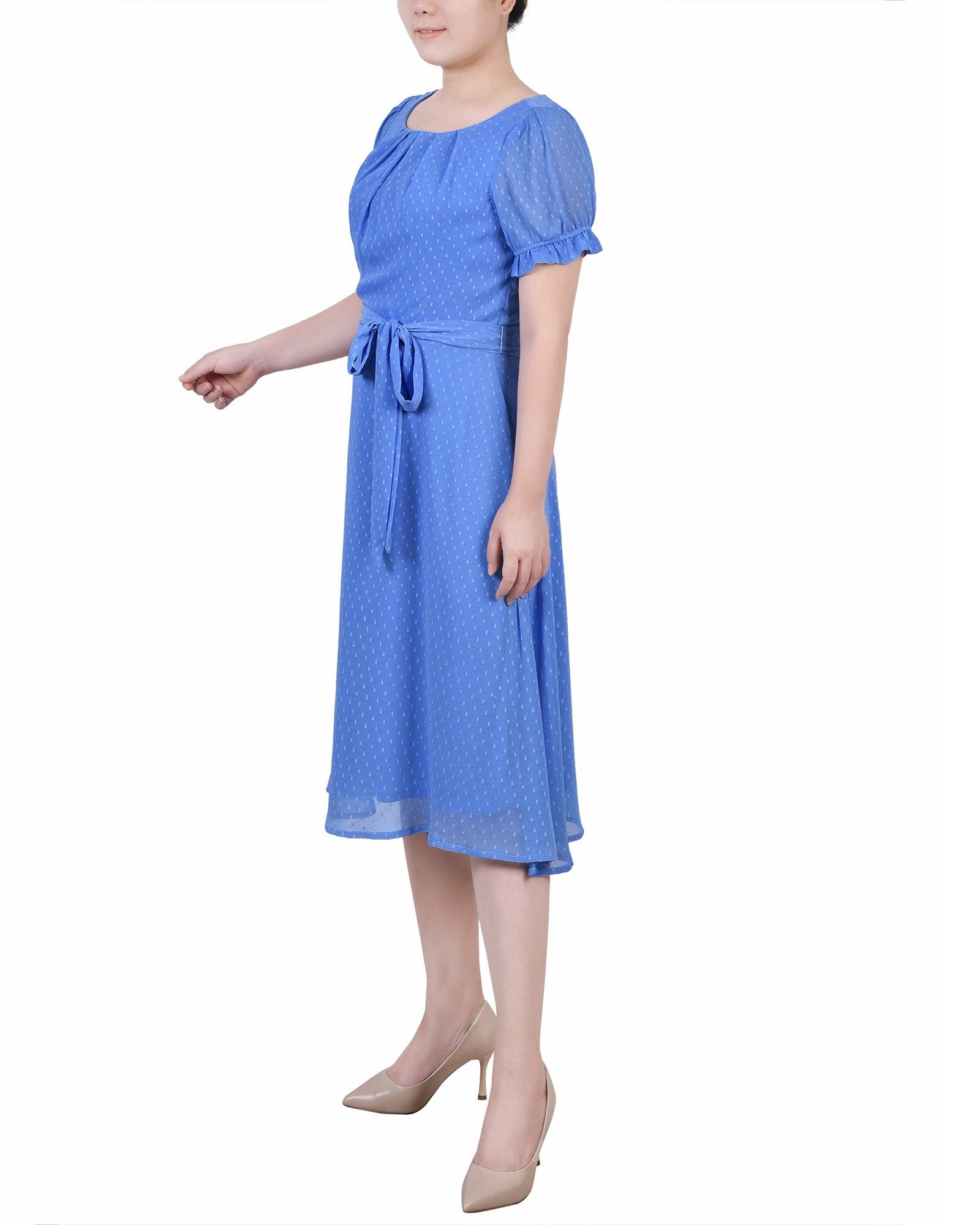 Granada Sky Short Sleeve Belted Swiss Dot Dress - Petite Product Image