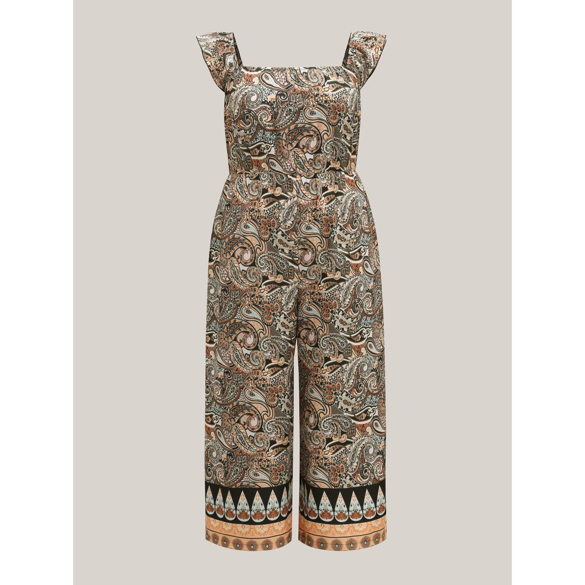 Plus Size BlackFlower Paisley Print Stretchy Waist Pockets Jumpsuit Women Sleeveless Square Neck Vacation Loose Jumpsuits BloomChic 10/M Product Image