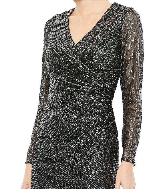 Mac Duggal Sequined Surplice V-Neck Long Sleeve Faux Wrap Dress Product Image
