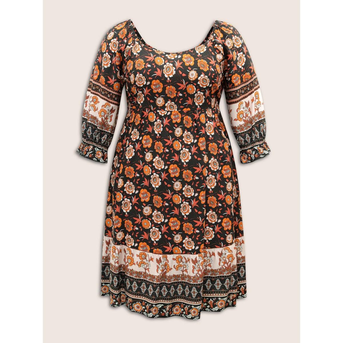 Plus Size Bandana Print Square Neck Pocket Ruffle Sleeve Dress Black Women Resort Non Square Neck Elbow-length sleeve Curvy Midi Dress BloomChic 14-16/1X Product Image