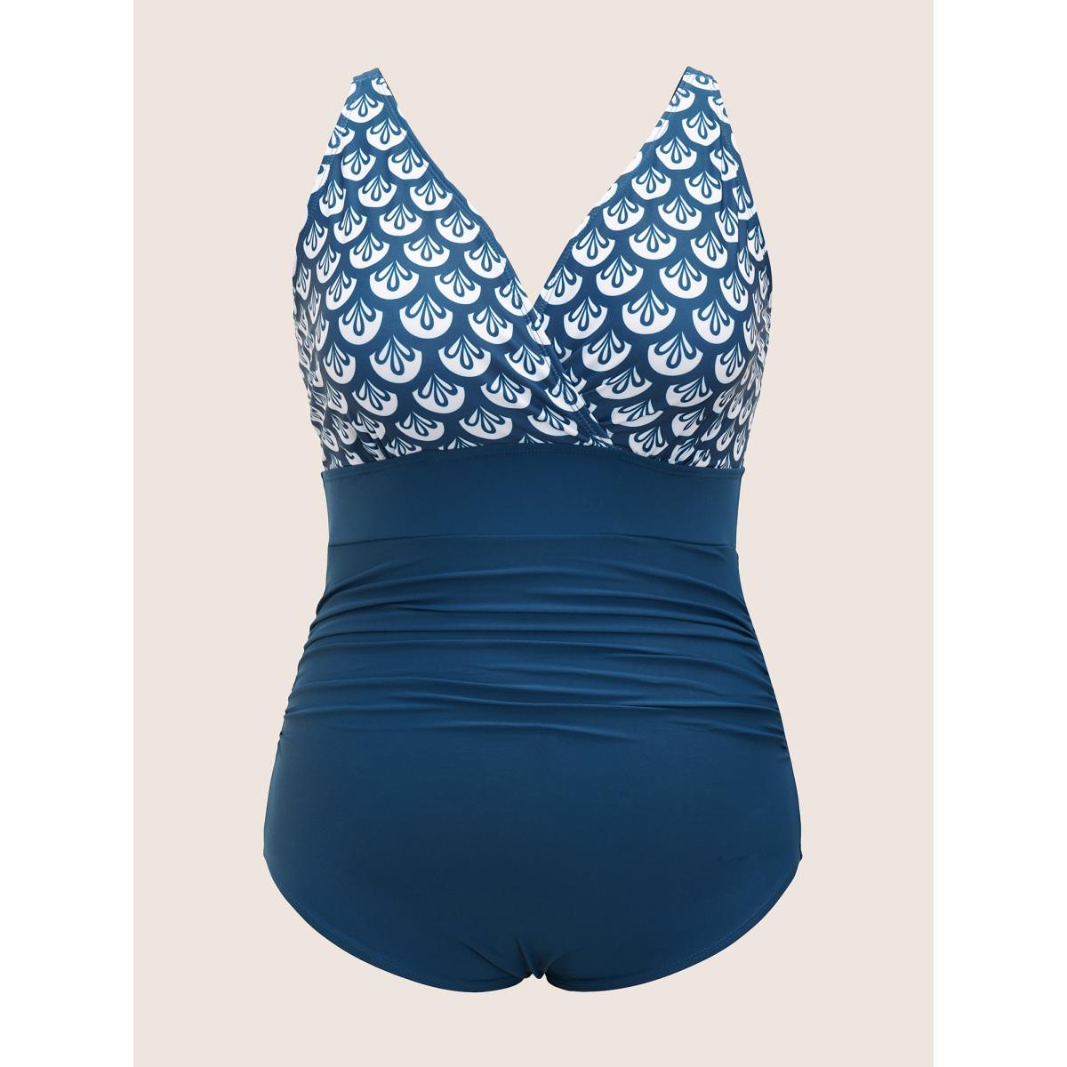 Plus Size Geometric Overlap Collar Gathered One Piece Swimsuit Women's Swimwear Aegean Beach Gathered Curve Bathing Suits High stretch One Pieces BloomChic 12/L Product Image