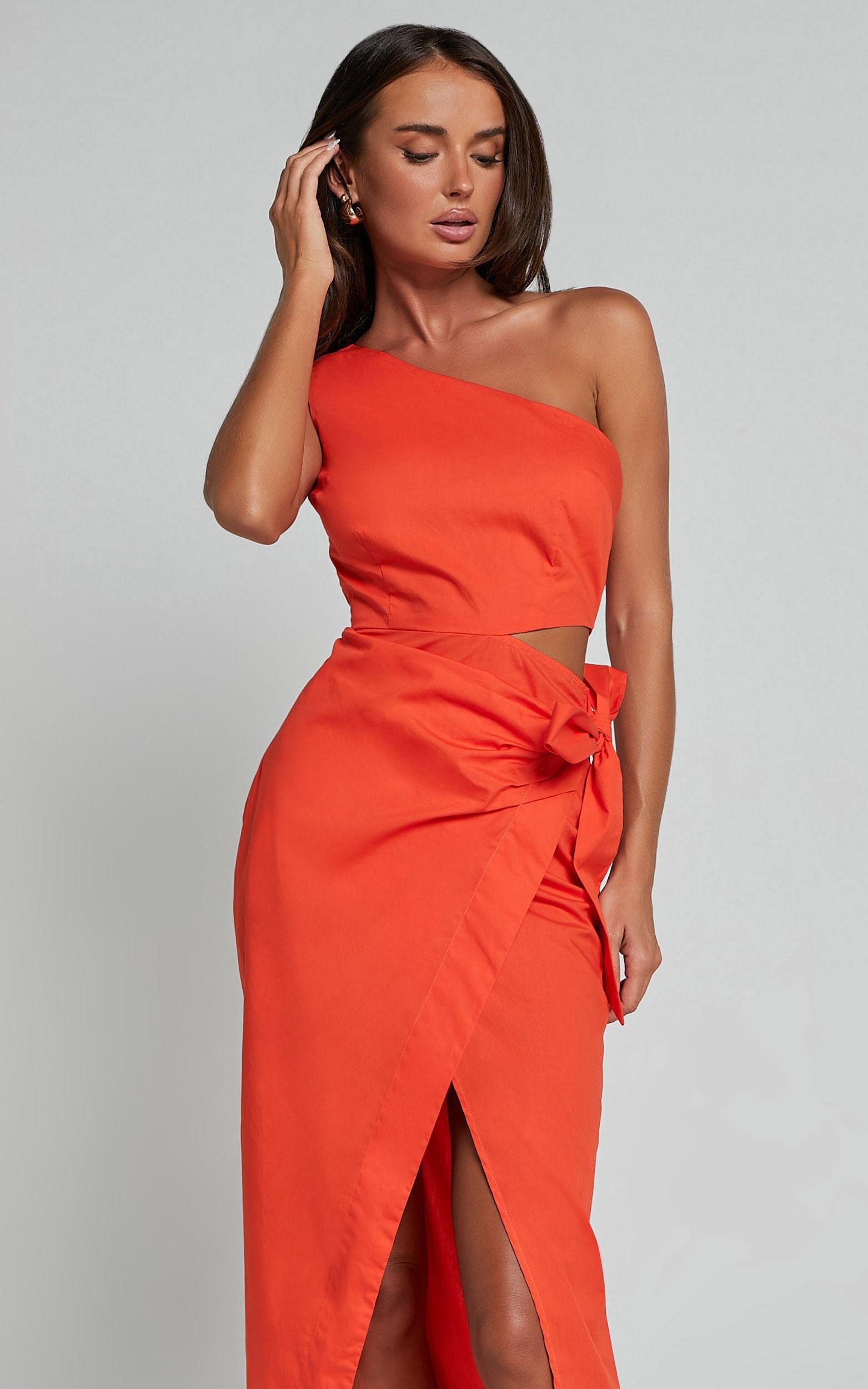Rina Midi Dress - One Shoulder Side Cut Out Wrap Dress in Orange Product Image