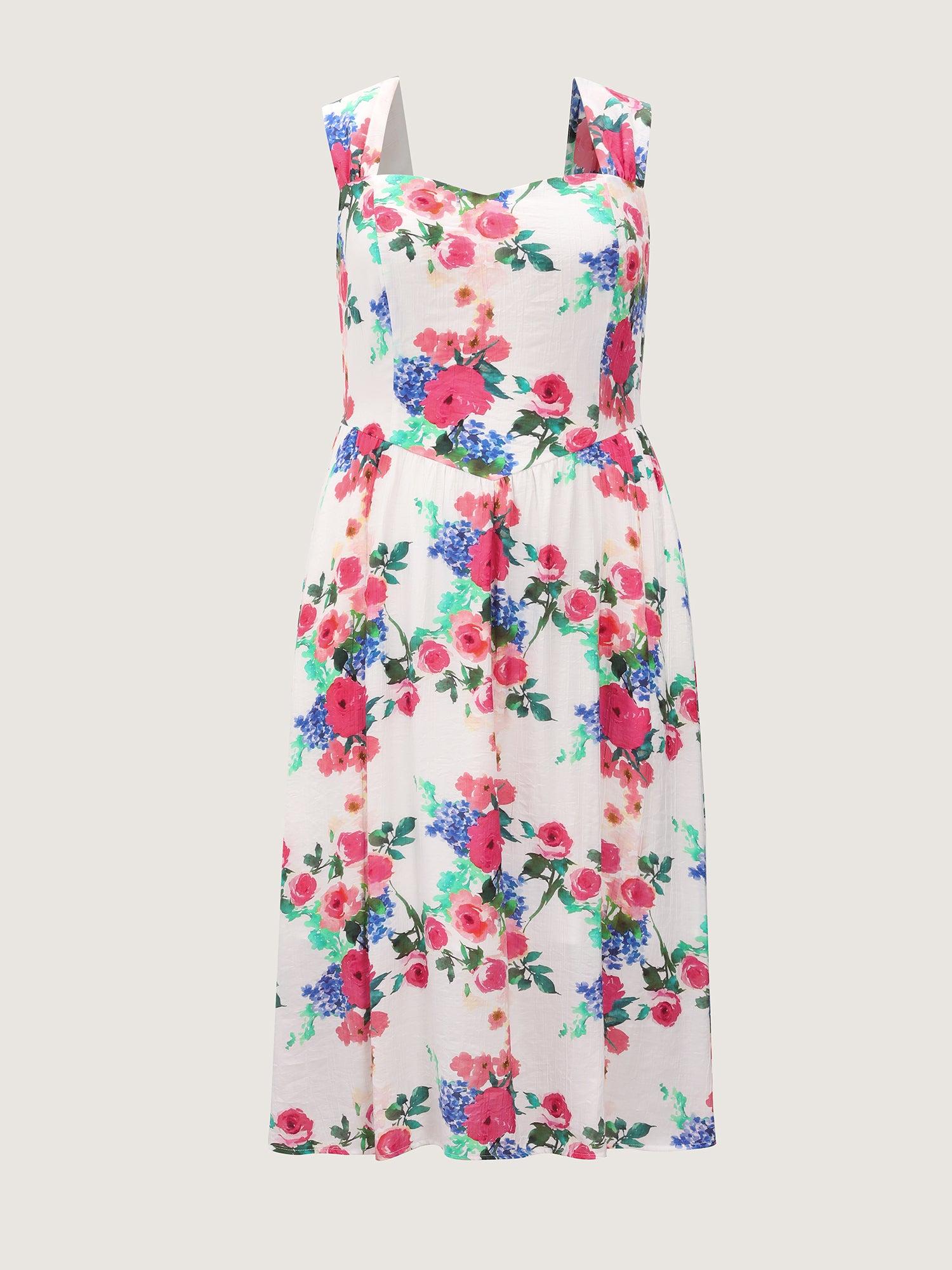 Sweet Floral Print Pockets Shirred Midi Dress Female Product Image