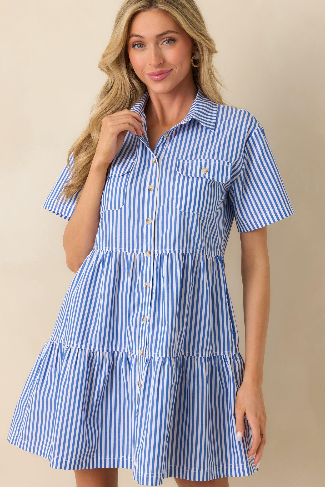 Staple The Label Blue Stripe Cotton Mathilde Mini Shirt Dress Product Image