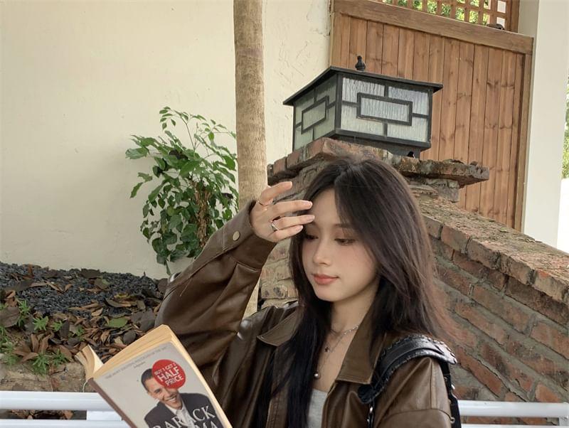 Plain Faux Leather Zip Jacket / High Rise Pleated Mini A-Line Skirt Product Image