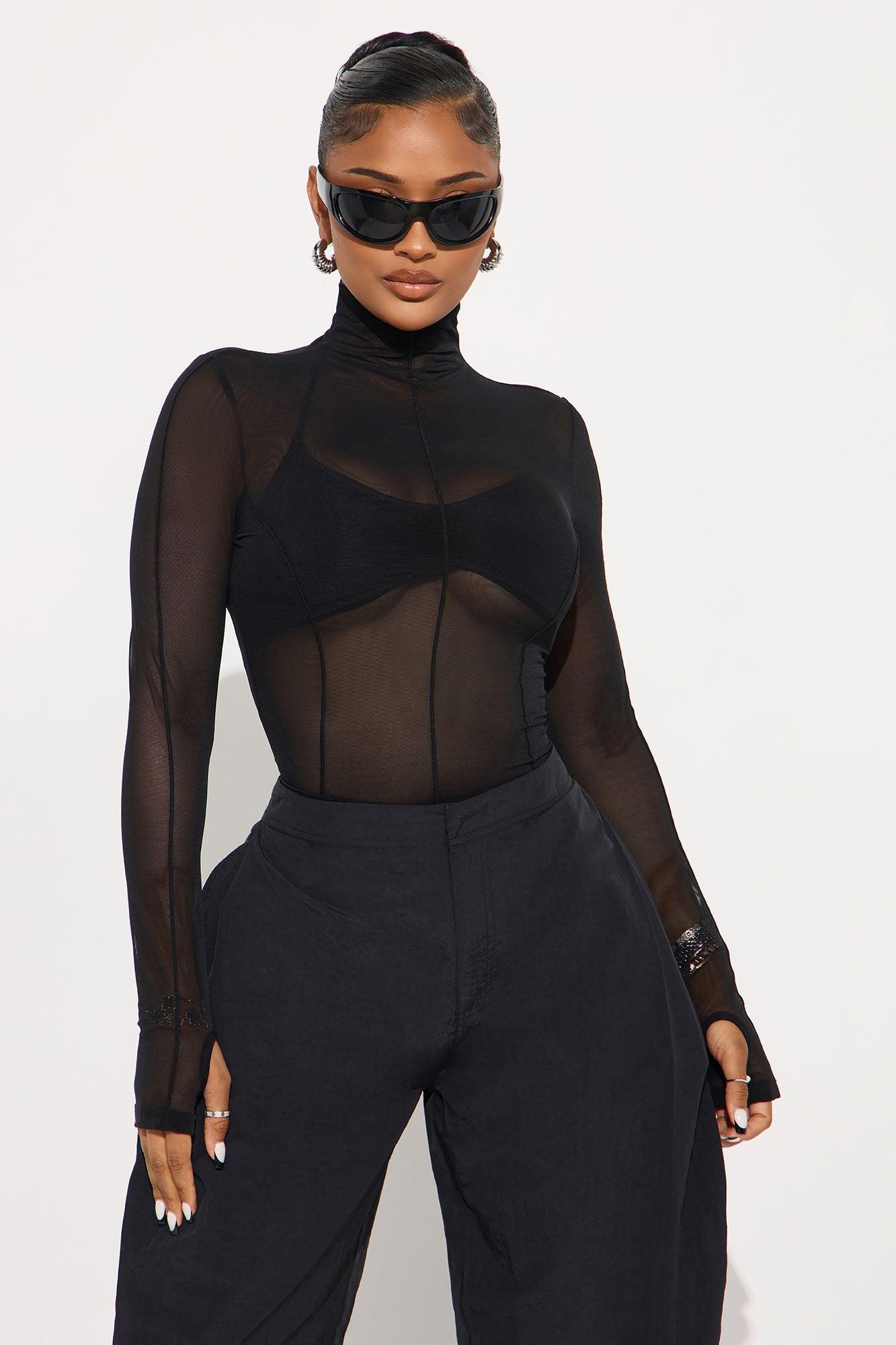 Power Mesh Mock Neck Long Sleeve Top - Black Female Product Image