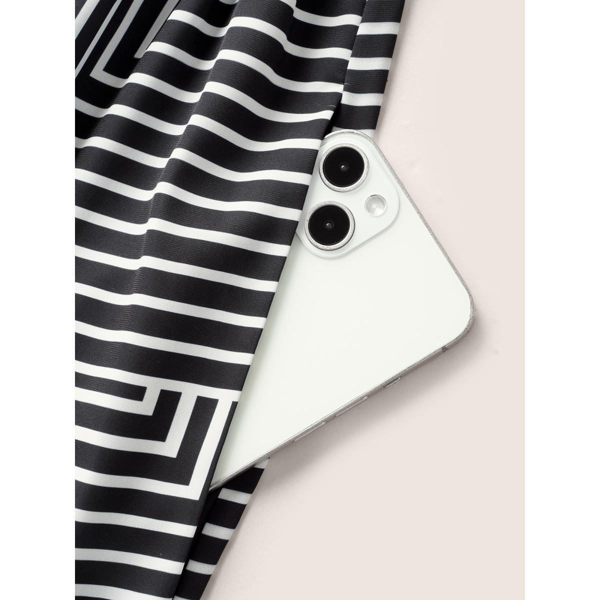 Plus Size Black Geometric Striped Overlap Collar Pocket Blouse Women Workwear Essentials Short sleeve Overlap Collar Work Blouses BloomChic 14-16/1X Product Image