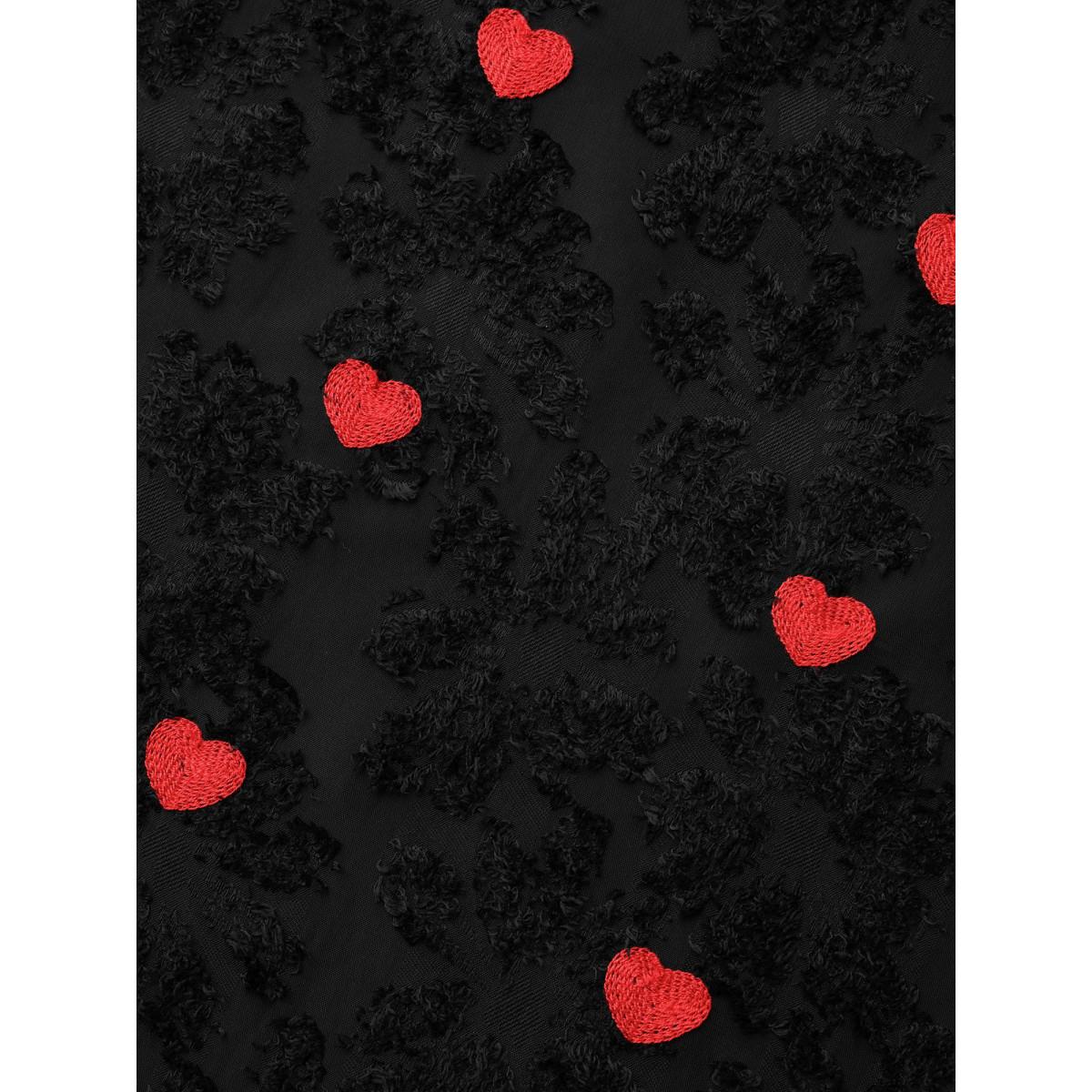 Plus Size Black Heart Jacquard Frill Trim Textured Blouse Women Elegant Short sleeve Mock Neck Everyday Blouses BloomChic 30/6X Product Image