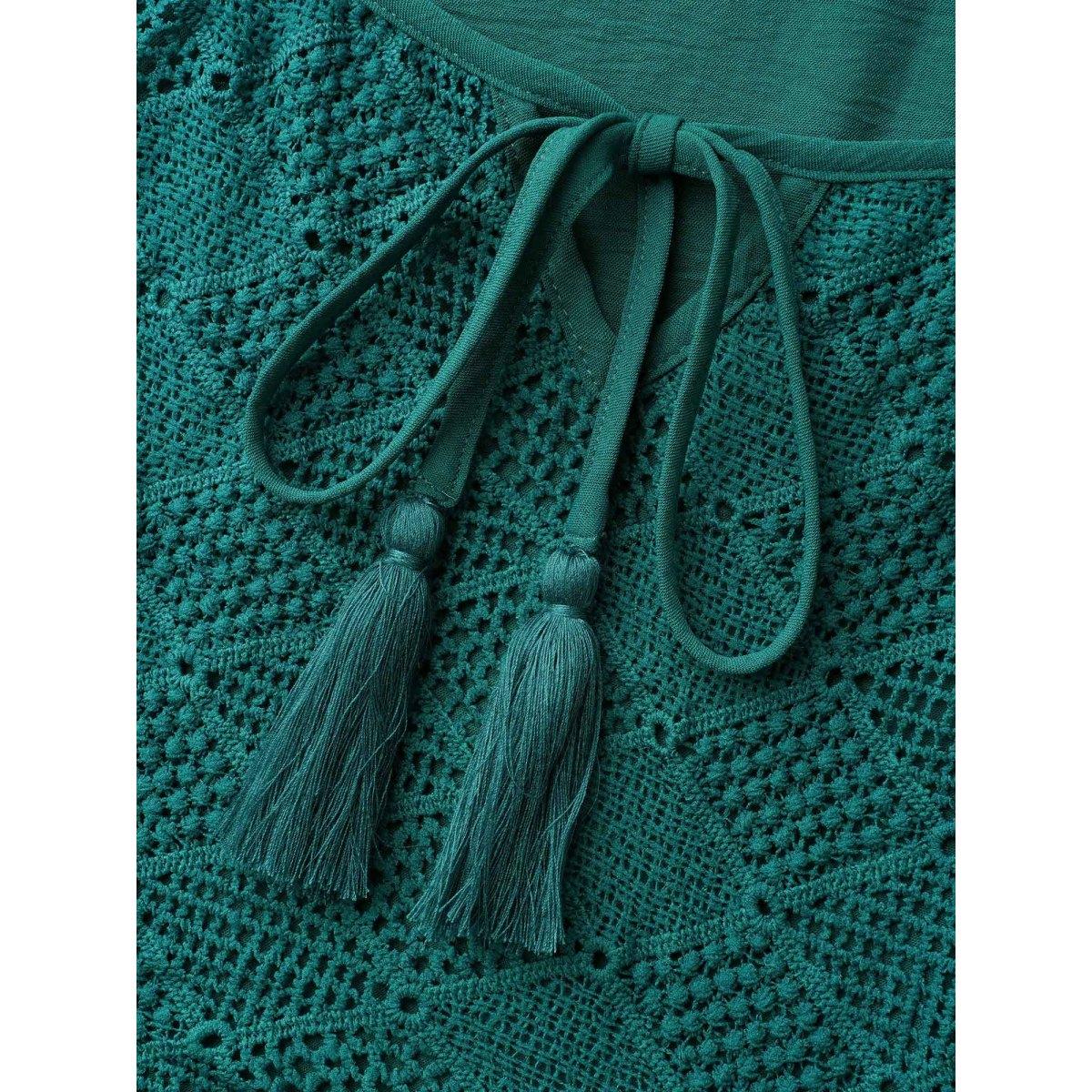 Plus Size Lace Neck Detail Tassels Midi Dress DarkGreen Women Resort Tie knot Square Neck Long Sleeve Curvy BloomChic 14-16/1X Product Image