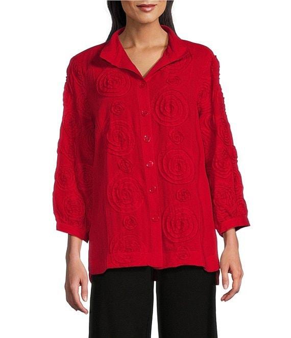 John Mark Woven Wire Collar 3/4 Sleeve Embroidery Pop Up Floral Detail Button Front Blouse Product Image