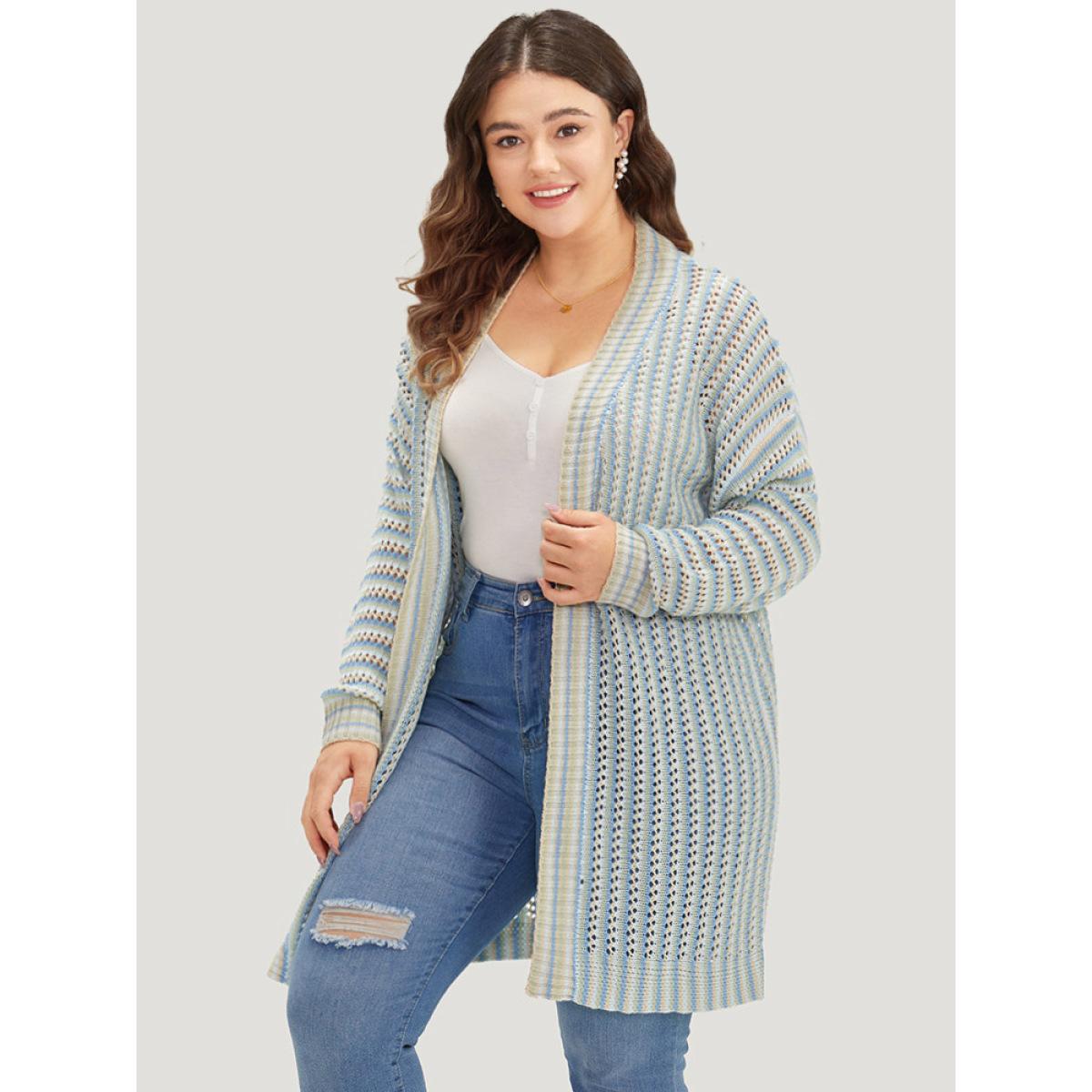 Plus Size Contrast Geo Eyelet Drop Shoulder Cardigan Multicolor Women Casual Loose Long Sleeve Dailywear Cardigans BloomChic 28/5X Product Image