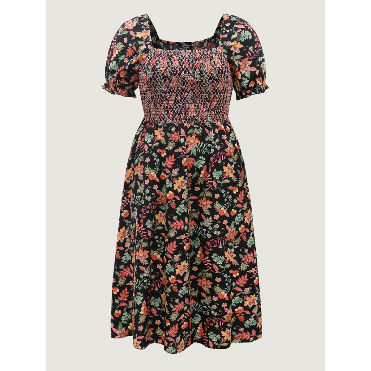 Plus Size Net Shirred Paisley Print Midi Dress Black Women Shirred Square Neck Short sleeve Curvy BloomChic 18-20/2X Product Image