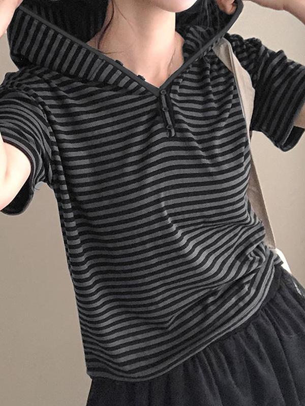 Striped Hooded Short Sleeve Product Image