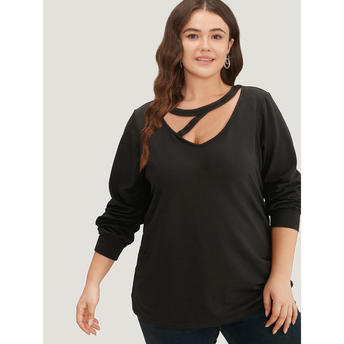Plus Size Solid Cut Out Sweatshirt Women Black Casual Plain Keyhole Cut-Out Dailywear Sweatshirts BloomChic 22-24/3X Product Image
