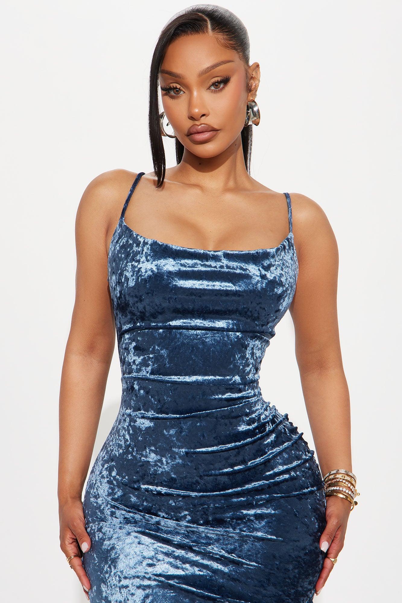 Gianna Velvet Asymmetrical Midi Dress - Blue Female Product Image