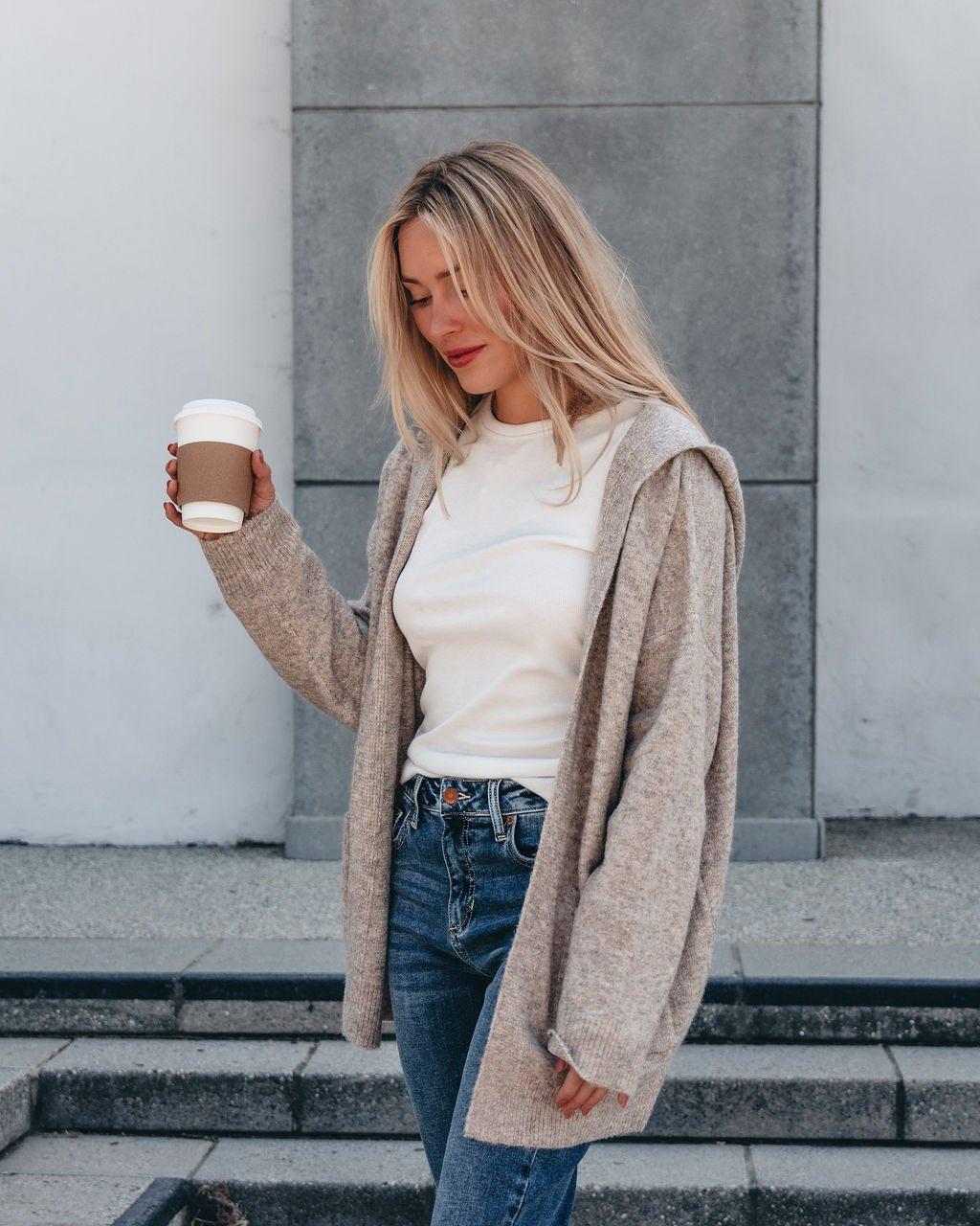 Taupe Hooded Sweater Cardigan Female Product Image