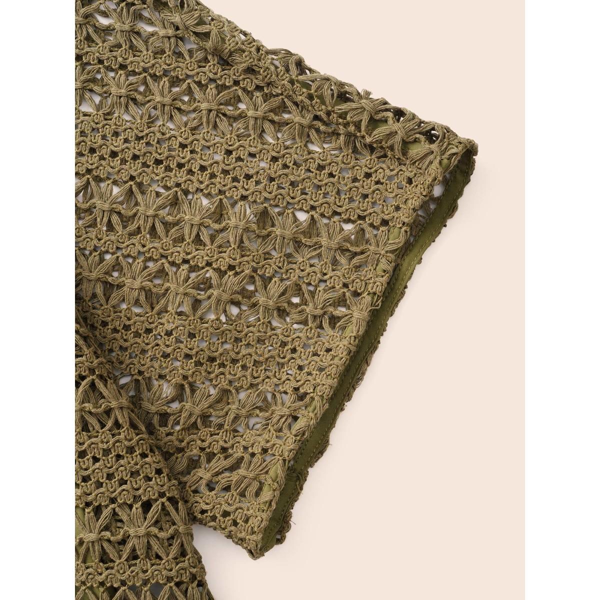 Plus Size Crocheted Lace Up Dolman Sleeve Tiered Dress ArmyGreen Women Casual Texture V-neck Half Sleeve Curvy BloomChic 12/L Product Image