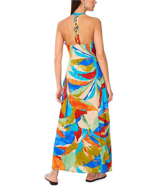 Vince Camuto Woven Abstract Print Halter Neckline Sleeveless Beaded Maxi Dress Product Image