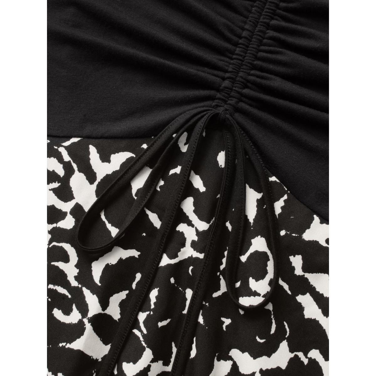 Plus Size V Neck Patchwork Drawstring Dress Black Women Elegant Patchwork V-neck Elbow-length sleeve Curvy BloomChic 14-16/1X Product Image