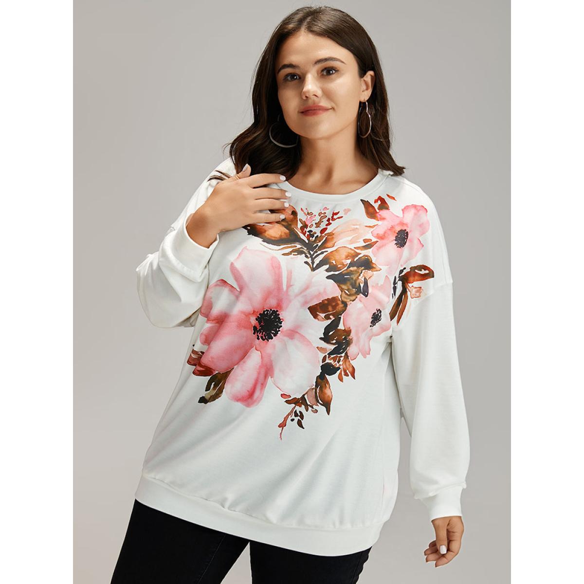 Plus Size Floral Round Neck Elastic Cuffs Sweatshirt Women White Casual Elastic cuffs Round Neck Dailywear Sweatshirts BloomChic 18-20/2X Product Image
