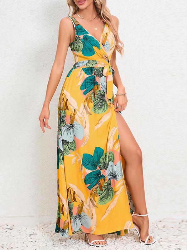 A-Line Loose Flower Print Pleated Split-Front Tied Waist V-Neck Maxi Dresses Product Image