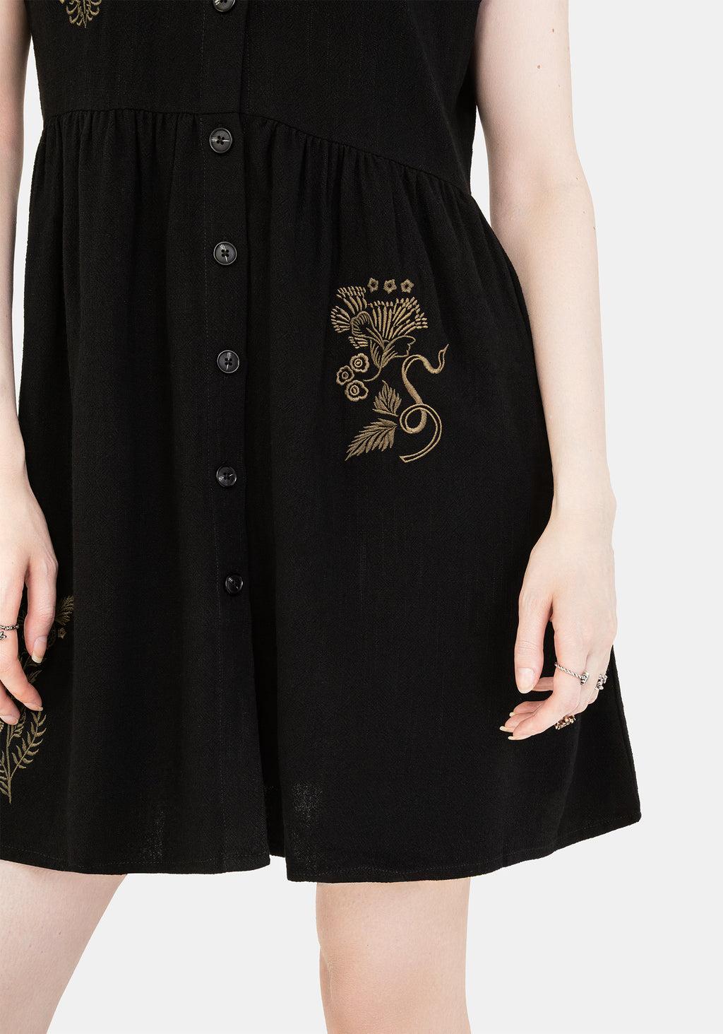 Foliate Linen-Blend Embroidered Button Up Mini Dress - Black Product Image