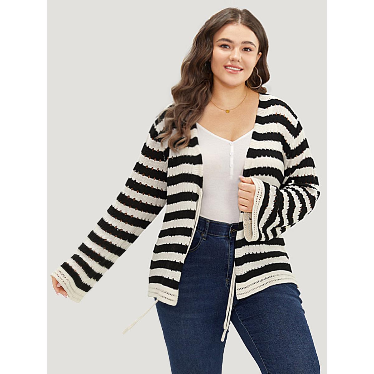 Plus Size Striped Ties Front Eyelet Lace Cardigan Black Women Casual Loose Long Sleeve Dailywear Cardigans BloomChic 26/4X Product Image