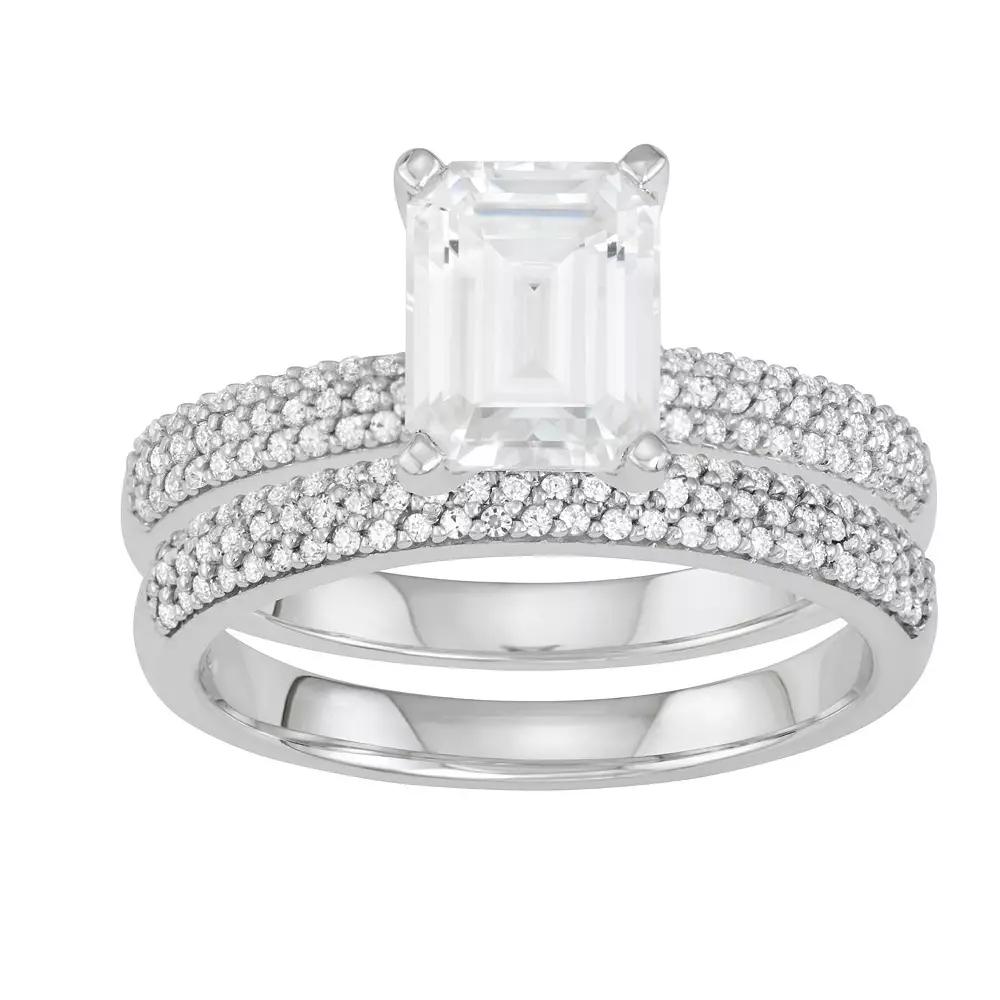Charles & Colvard 14k White Gold 3 Carat T.W. Lab-Created Moissanite Emerald-Cut Engagement Ring Set, Women's, Size: 6 Product Image