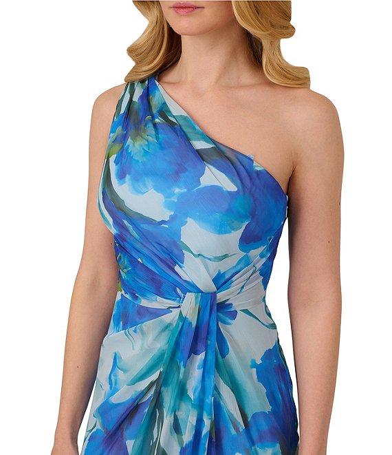 Adrianna Papell One Shoulder Sleeveless Floral Chiffon Drape Waist Sheath Gown Product Image